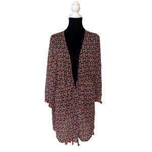 Jessica Simpson Geometric Ikat Print Tassel Kimono Cover Up Black‎ Red Women 0X